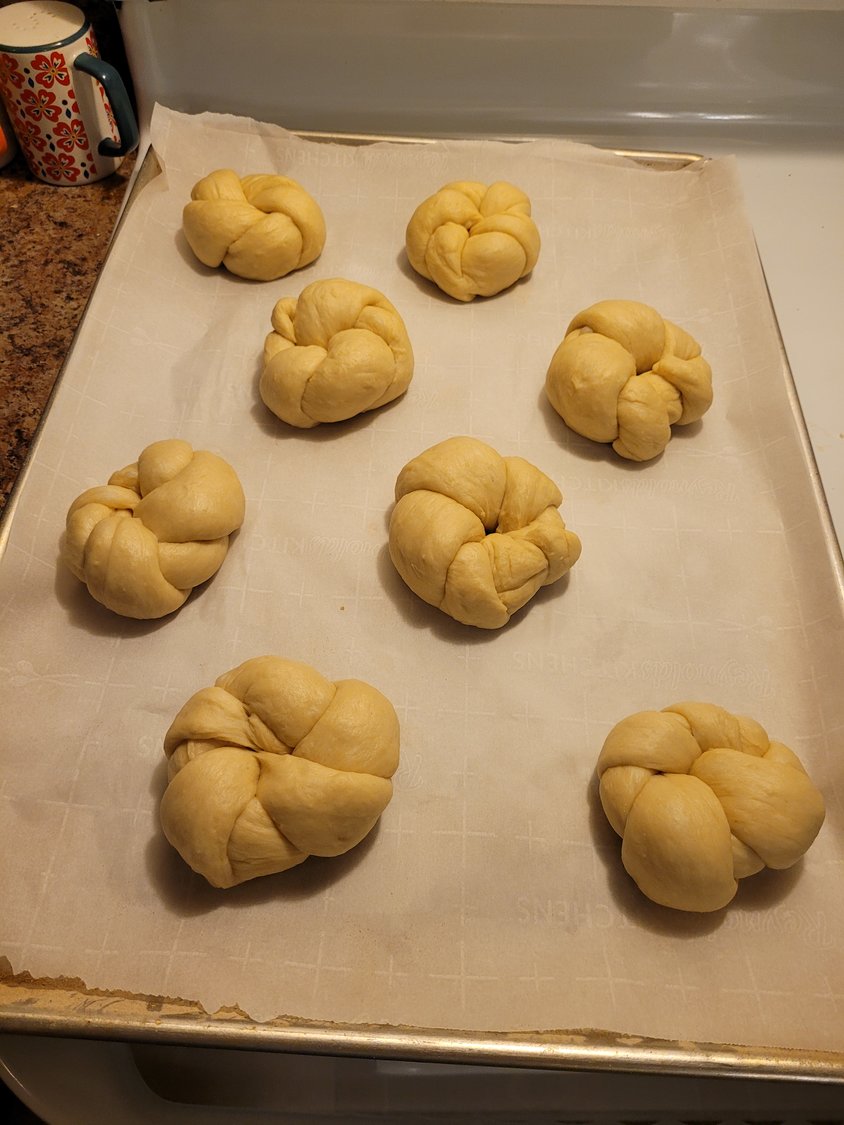 Here are some bench-proofed challah buns ready for the oven.